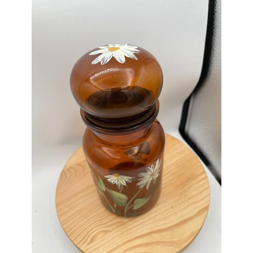 Vtg Belgian Amber Glass Jar Bubble Lid Hand Painted Daisy Storage Mid Century